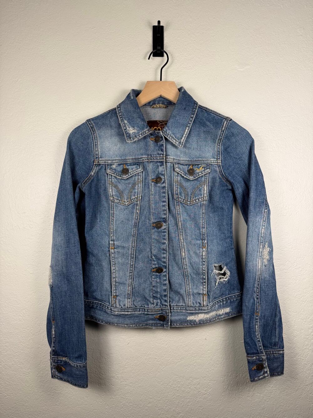 Hollister Co Distressed Denim Jacket Floral Lining Size Small